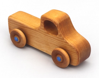 Wooden Toy Pickup Truck, Amber Shellac Finish, Blue Hubs, Handmade in the USA
