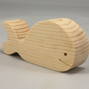 Handmade unfinished wooden whale toy cutout, chunky freestanding and stackable, sanded smooth and ready to paint, natural wood blank for kids craft and ocean theme play.