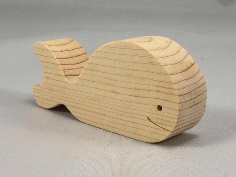 Handmade unfinished wooden whale toy cutout, chunky freestanding and stackable, sanded smooth and ready to paint, natural wood blank for kids craft and ocean theme play.