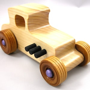 Wooden Toy Car Hot Rod &#39;27 T-Coupe Handmade And Finished With Satin Polyurethane & Metallic Purple And Black Trim From My Hot Rod Collection