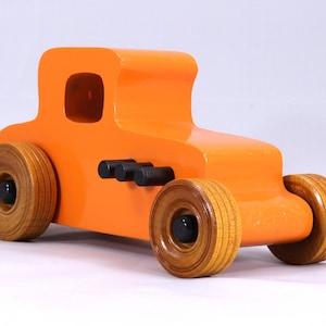 Handmade Wood Toy Car Hot Rod '27 T-Coupe Finished with Pumpkin Orange and Black Acrylic Paint and Amber Shellac
