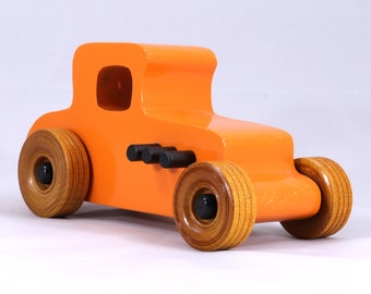 Wood enToy Car Hot Rod '27 T-Coupe Handmade And Finished with Pumpkin Orange and Black Acrylic Paint and Amber Shellac