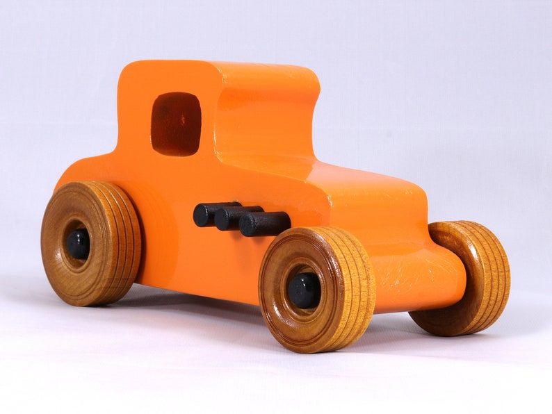 Handmade Wood Toy Car Hot Rod '27 T-Coupe Finished with Pumpkin Orange and Black Acrylic Paint and Amber Shellac