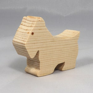Handmade wood toy Scottie dog cutout unfinished unpainted paintable freestanding Itty Bitty Animal Collection. Approximate size 2.5 inches length by 2 inches height by 0.75 inches width. Handmade in Tallahassee Florida USA from natural wood offcuts.