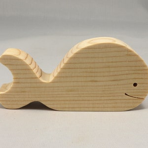 Handmade unfinished wooden whale toy cutout, chunky freestanding and stackable, sanded smooth and ready to paint, natural wood blank for kids craft and ocean theme play.