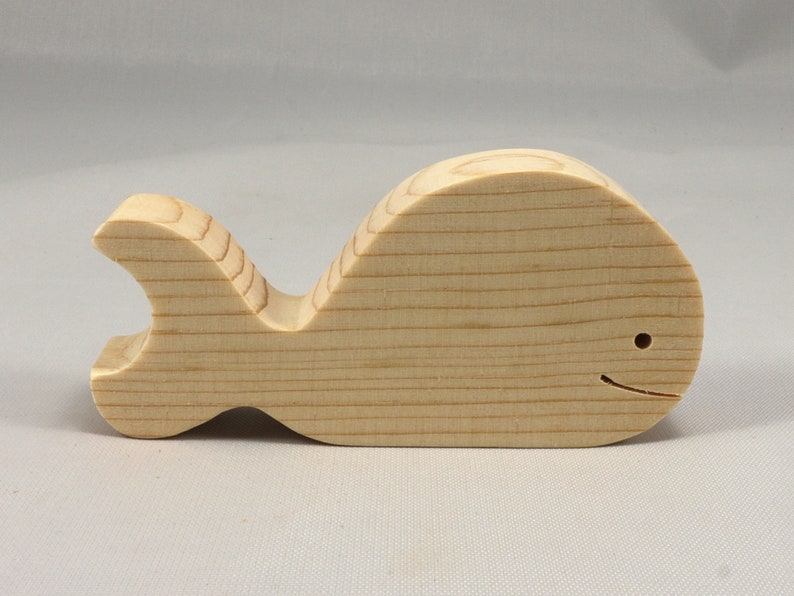 Handmade unfinished wooden whale toy cutout, chunky freestanding and stackable, sanded smooth and ready to paint, natural wood blank for kids craft and ocean theme play.
