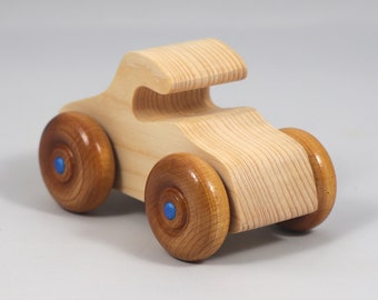 Handmade Wooden Toy Car: Shellac Finish, Sapphire Blue Trim