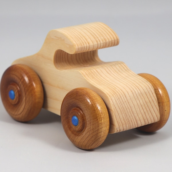 Wooden Toy Car Handmade and finished With Clear And Amber Shellac With Metallic Sapphire Blue Trim - Made To Order