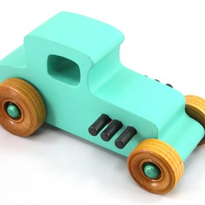 Handmade Wood Toy Car Hot Rod 1927 T-Coupe Painted with Turquoise,  Metallic Emerald Green, And Black Acrylic Paint With Wheels Finished With Nonmaring Amber Shellac Wheels