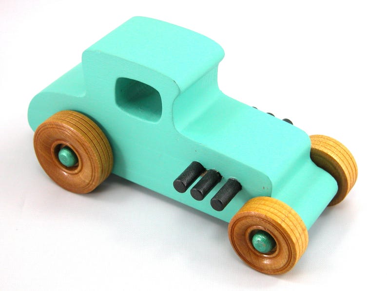 Handmade Wood Toy Car Hot Rod 1927 T-Coupe Painted with Turquoise,  Metallic Emerald Green, And Black Acrylic Paint With Wheels Finished With Nonmaring Amber Shellac Wheels