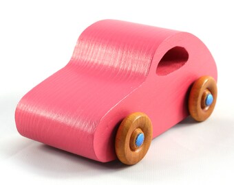 Handmade Wooden Toy Car - Hot Pink 1957 Bug with Metallic Sapphire Blue Trim