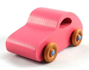 Wood Toy Car, Handmade and Finished with Pink and Metallic Sapphire Blue Acrylic Paint and Amber Shellac from the Play Pal Collection