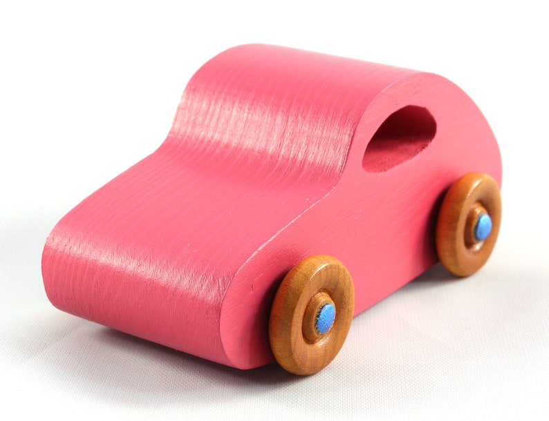 Wood Toy Car, Handmade and Finished with Pink and Metallic Sapphire Blue Acrylic Paint and Amber Shellac from the Play Pal Collection image 1