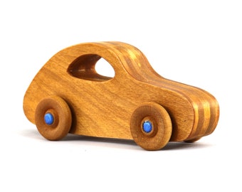 Handmade Wooden Toy Car: Amber Shellac Finish, Sapphire Blue Trim