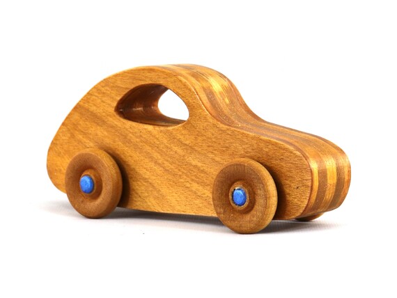 Wooden Toy Car: Amber Shellac Finish, Sapphire Blue Trim - Etsy