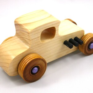 Handmade wooden toy car Hot Rod '27 T-Coupe handmade and finished with nontoxic amber shellac with metallic purple and black trim. From my Hot Rod Collection.