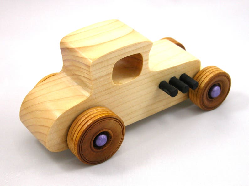 Handmade wooden toy car Hot Rod '27 T-Coupe handmade and finished with nontoxic amber shellac with metallic purple and black trim. From my Hot Rod Collection.