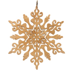 May include: A wooden snowflake ornament with intricate cut-out details. The ornament is a light brown color and has a six-pointed star shape with decorative flourishes. It is suspended by a thin string, perfect for holiday decor.