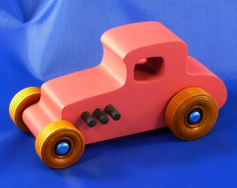 Wooden Toy Car Hot Rod 27 T-Coupe Handmade and Painted  Pink With Sapphire Blue And Black Trim Nonmarring Amber Shellac Wheels Made To Order