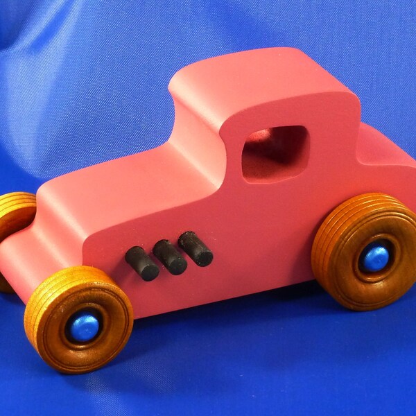 Wooden Toy Car Hot Rod 27 T-Coupe Handmade and Painted  Pink With Sapphire Blue And Black Trim Nonmarring Amber Shellac Wheels Made To Order