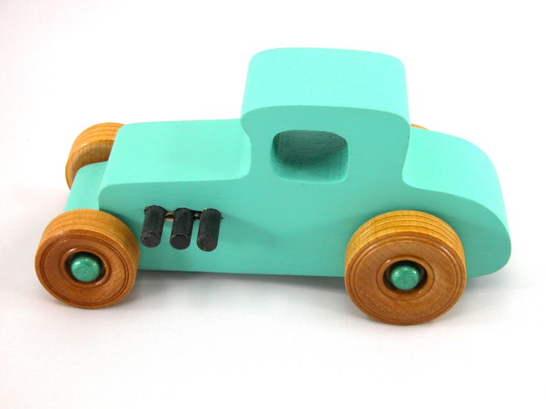 Handmade Wood Toy Car Hot Rod 1927 T-Coupe Painted with Turquoise,  Metallic Emerald Green, And Black Acrylic Paint With Wheels Finished With Nonmaring Amber Shellac Wheels