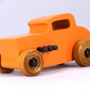 Handmade Wood Toy Car, Hot Rod '32 Deuce Coupe, Painted High Gloss Pumpkin Orange and trimmed with Black Acrylic Paint and Nonmaring Amber Shellac Finished Wheels