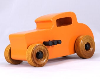 Wooden Toy Car, Hot Rod '32 Deuce Coupe, Handmade and Painted High Gloss Pumpkin Orange and Black Acrylic Paint, and Amber Shellac