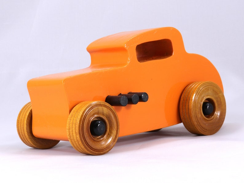 Handmade Wood Toy Car, Hot Rod '32 Deuce Coupe, Painted High Gloss Pumpkin Orange and trimmed with Black Acrylic Paint and Nonmaring Amber Shellac Finished Wheels