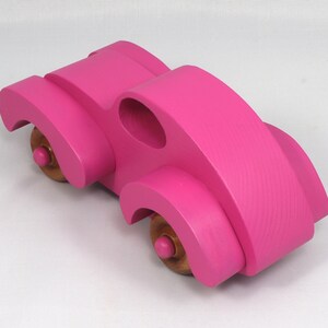 Wood Toy Car Handmade And Finished With Hot Pink Acrylic Paint and Amber Shellac From My Fat Fendered Ford Collection