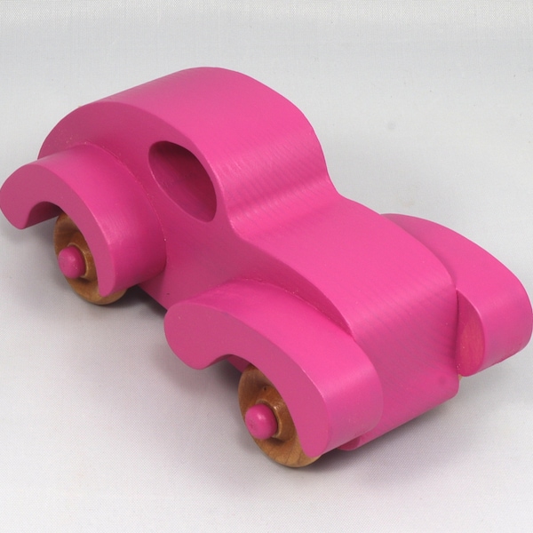 Wooden Toy Car Handmade And Painted With Hot Pink Acrylic Paint and Amber Shellac From My Fat Fendered Collection