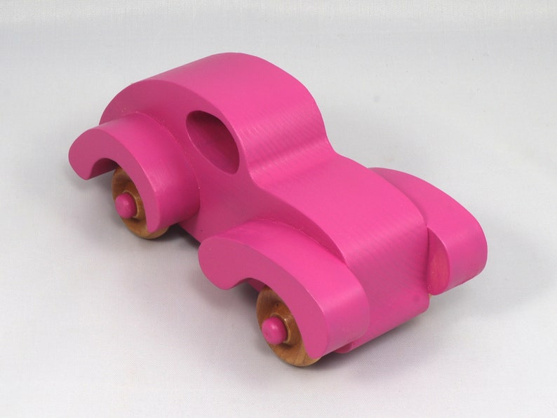 Wood Toy Car Handmade And Finished With Hot Pink Acrylic Paint and Amber Shellac From My Fat Fendered Ford Collection