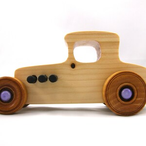 Handmade wooden toy car Hot Rod '27 T-Coupe handmade and finished with nontoxic amber shellac with metallic purple and black trim. From my Hot Rod Collection.