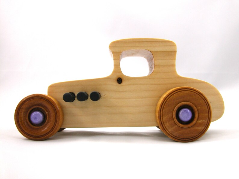 Handmade wooden toy car Hot Rod '27 T-Coupe handmade and finished with nontoxic amber shellac with metallic purple and black trim. From my Hot Rod Collection.