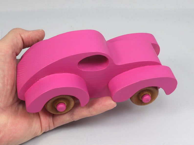 Wood Toy Car Handmade And Finished With Hot Pink Acrylic Paint and Amber Shellac From My Fat Fendered Ford Collection