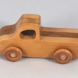 Handmade wooden toy pickup truck handmade from oak, poplar, and birch hardwoods with a satin polyurethane finish from my Play Pal Collection.