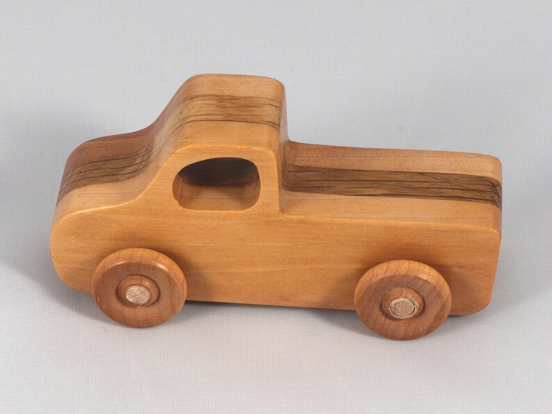 Handmade wooden toy pickup truck handmade from oak, poplar, and birch hardwoods with a satin polyurethane finish from my Play Pal Collection.