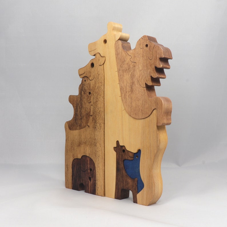 Safari Animal Puzzle, Handmade From Premium Hardwood Wood and Hand Finished, Free Standing, Standalone, and Stackable