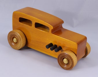 Wooden Toy Car 1932 Sedan Hot Rod Handmade and Finished with Amber Shellac, Metallic Gold, and Black Paint