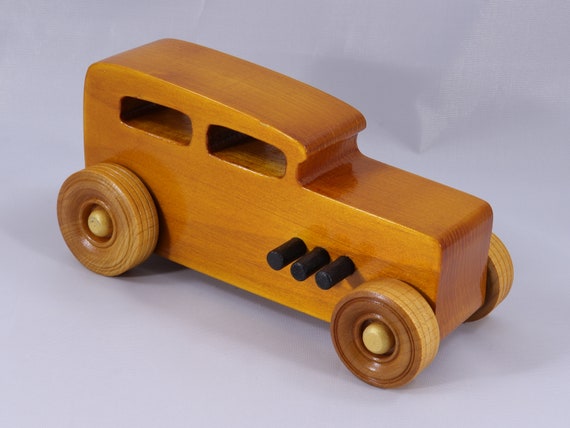 Handmade Wooden Toy Car: 1932 Hot Rod Sedan, Amber Shellac Finish
