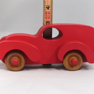 Wood Toy Truck Fat Fendered Panel Wagon Handmade And  Painted With Bright Red Acrylic Paint With Wheels Hand Finished With Nonmarring Amber Shellac From My Fat Fendered Collection
