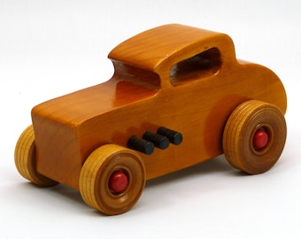 Handmade Wooden Toy Car: Hot Rod 1932 Deuce Coupe, Amber Shellac Finish