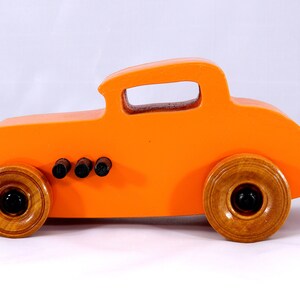 Handmade Wood Toy Car, Hot Rod '32 Deuce Coupe, Painted High Gloss Pumpkin Orange and trimmed with Black Acrylic Paint and Nonmaring Amber Shellac Finished Wheels