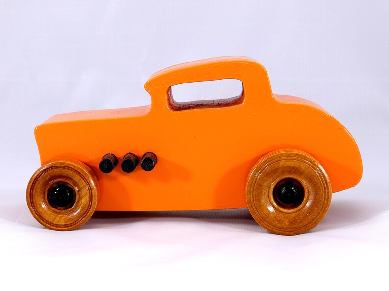 Handmade Wood Toy Car, Hot Rod '32 Deuce Coupe, Painted High Gloss Pumpkin Orange and trimmed with Black Acrylic Paint and Nonmaring Amber Shellac Finished Wheels