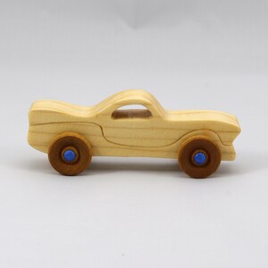 Handmade Wood Toy Car Miniature Pocket Size Itty Bitty Caddy Finished with Mineral Oil, Beeswax, and Metallic Sapphire Blue Acrylic Paint