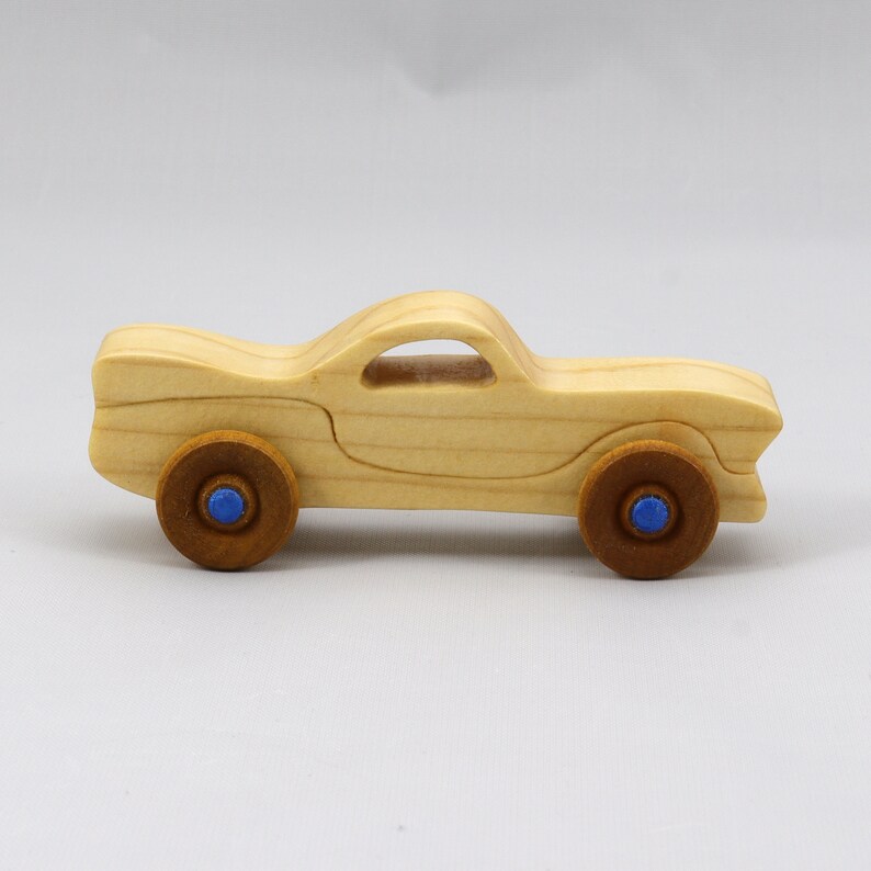 Handmade Wood Toy Car Miniature Pocket Size Itty Bitty Caddy Finished with Mineral Oil, Beeswax, and Metallic Sapphire Blue Acrylic Paint
