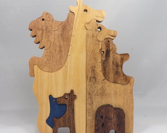 Safari Animal Puzzle, Handmade From Premium Hardwoodand Hand Finished, Free Standing, Standalone, and Stackable - Made To Order