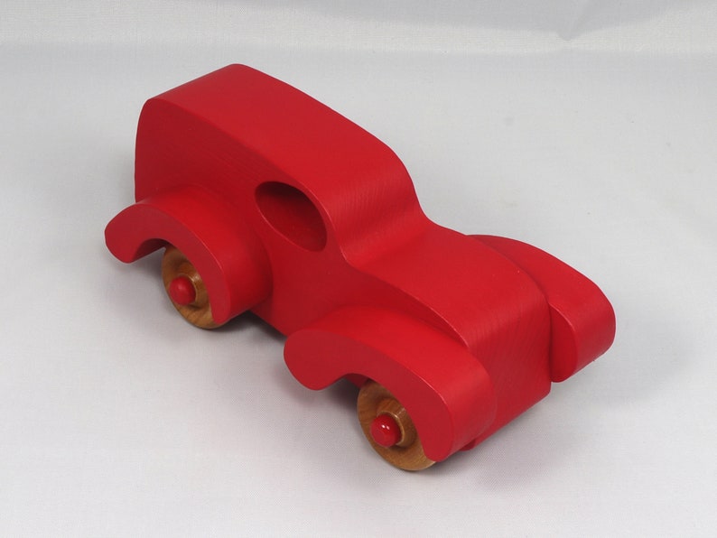 Wood Toy Truck Fat Fendered Panel Wagon Handmade And  Painted With Bright Red Acrylic Paint With Wheels Hand Finished With Nonmarring Amber Shellac From My Fat Fendered Collection