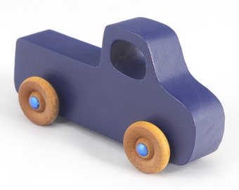 Handmade Wooden Toy Pickup Truck: Navy Blue with Sapphire Trim