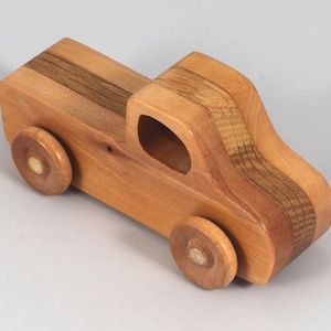 Handmade wooden toy pickup truck handmade from oak, poplar, and birch hardwoods with a satin polyurethane finish from my Play Pal Collection.