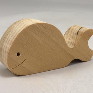 Handmade unfinished wooden whale toy cutout, chunky freestanding and stackable, sanded smooth and ready to paint, natural wood blank for kids craft and ocean theme play.